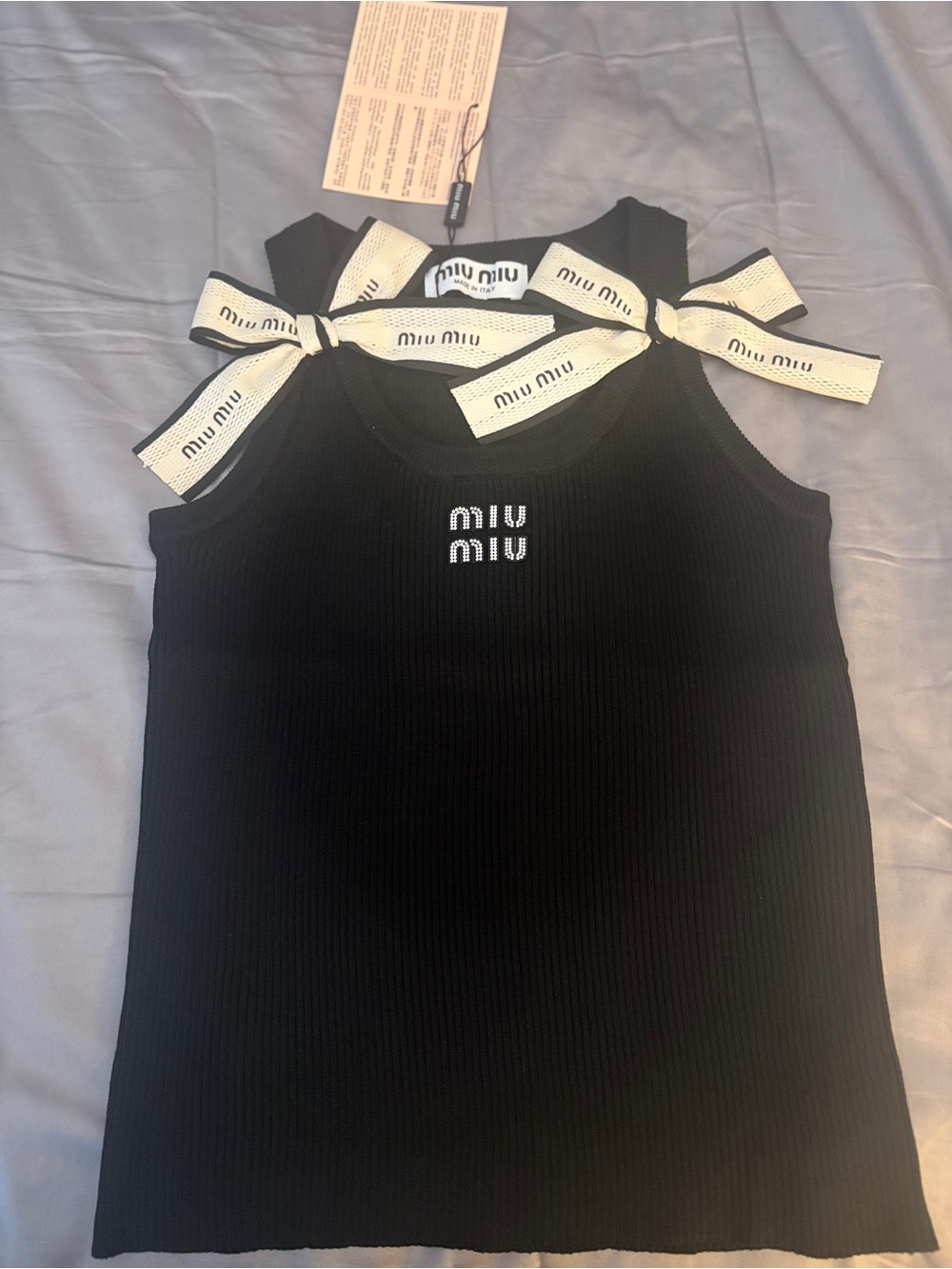 Miu Miu Black Ribbed Tank with White Branded Ribbon Ties - Picture 2 of 4
